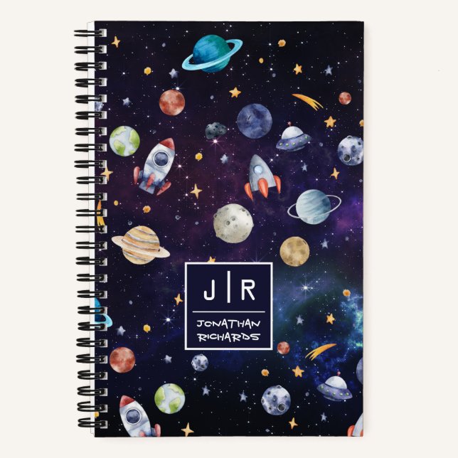 Carnet Fusée de l'espace galaxie planètes personnalisée (Recto)