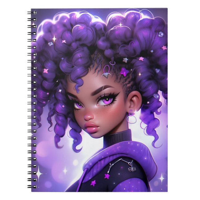 Carnet Galaxie violette fille avec cheveux bouclés (Devant)