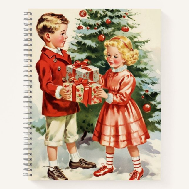 Carnet Garçon et fille se faisant des cadeaux de Noël (Devant)