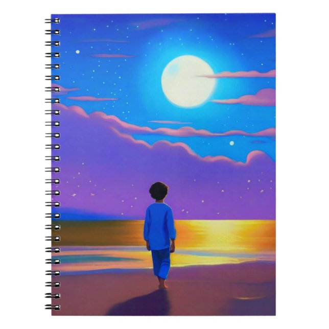 Carnet Garçon sur la plage, regardant la lune (Devant)