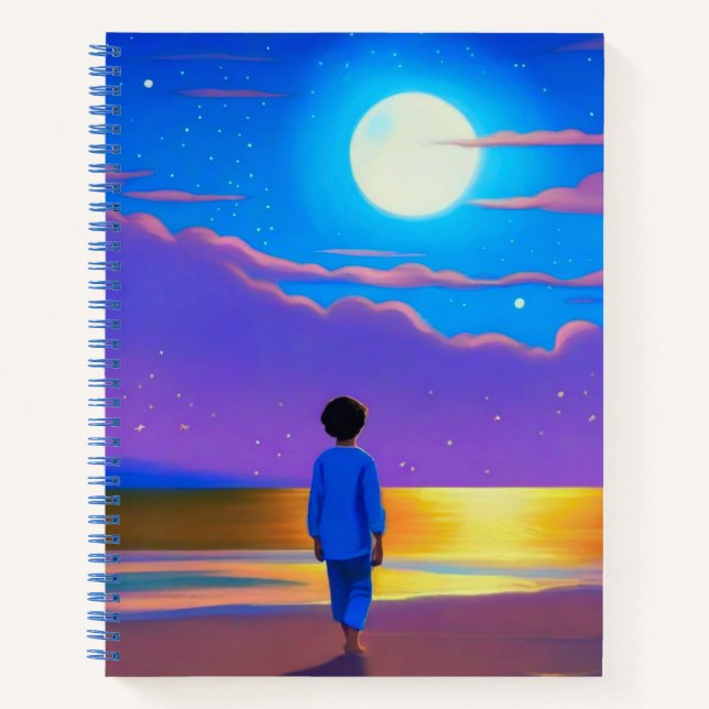 Carnet Garçon sur la plage, regardant la lune (Devant)