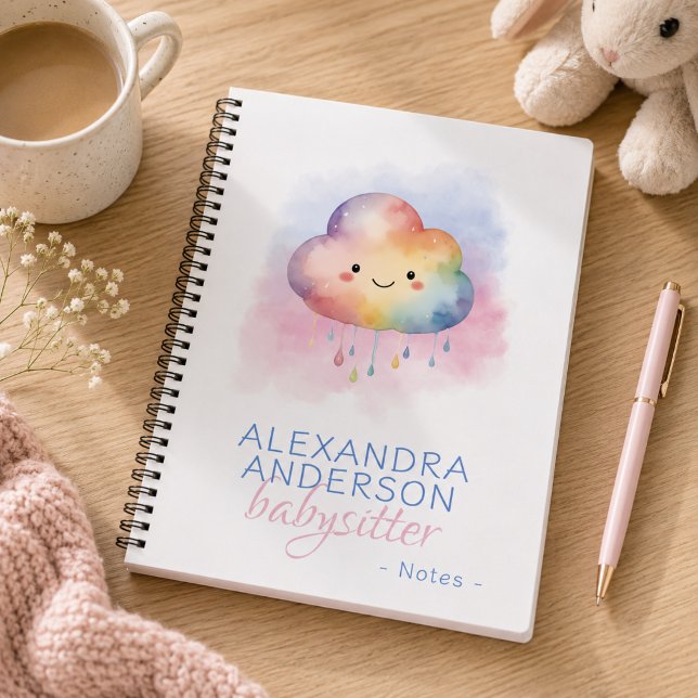 Carnet Garde d'enfants Arc-en-ciel Nuage Aquarelle Mignon (Cute Boho Rainbow Cloud Watercolor Babysitter Notebook)