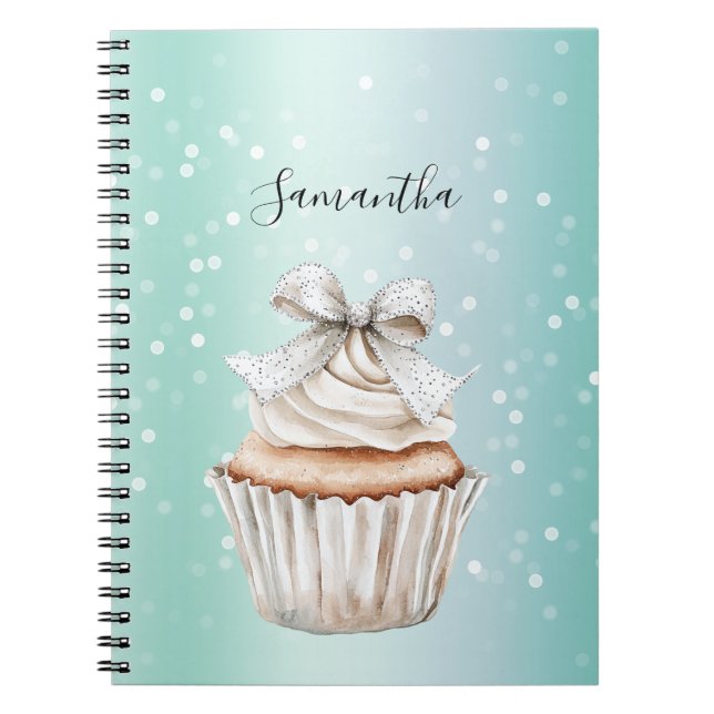 Carnet Gâteau cupcake à arc bow avec points Bokeh blanc m (Devant)