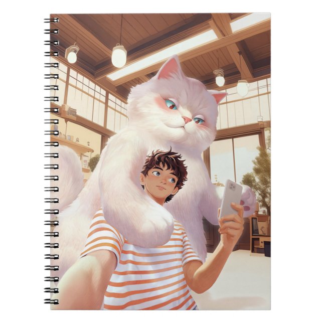 Carnet Géant Fluffy : Selfie de chat blanc au café rétro (Devant)