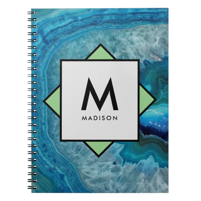 Carnet Géode Agate Bleu avec votre nom et Monogramme sur (Devant)