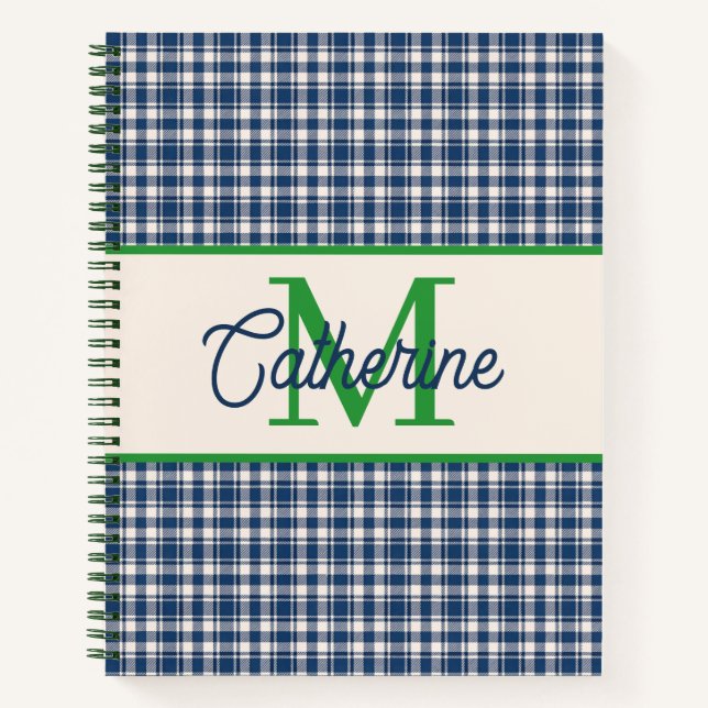 Carnet Gingham à carreaux bleu et vert Tartan Monogramme (Devant)
