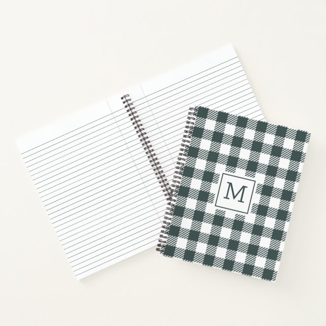 Carnet Gingham Vert Personnalisé à Carreaux et Monogramme (Intérieur)