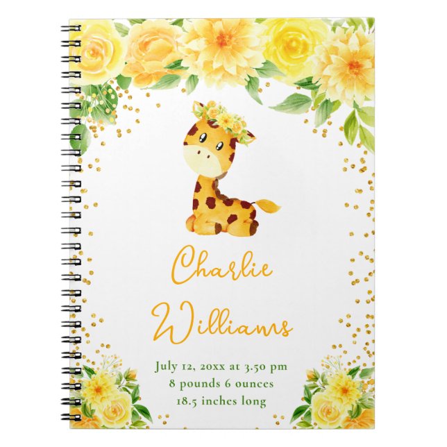 Carnet Giraffe Jaune Statistiques de naissance Florale (Devant)