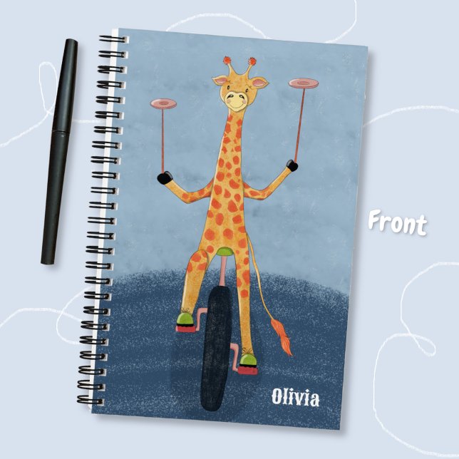 Carnet Giraffe on Unicycle Kid Blue Spiral Notebook (Cute giraffe on a unicycle blue personalized spiral notebook for kids )