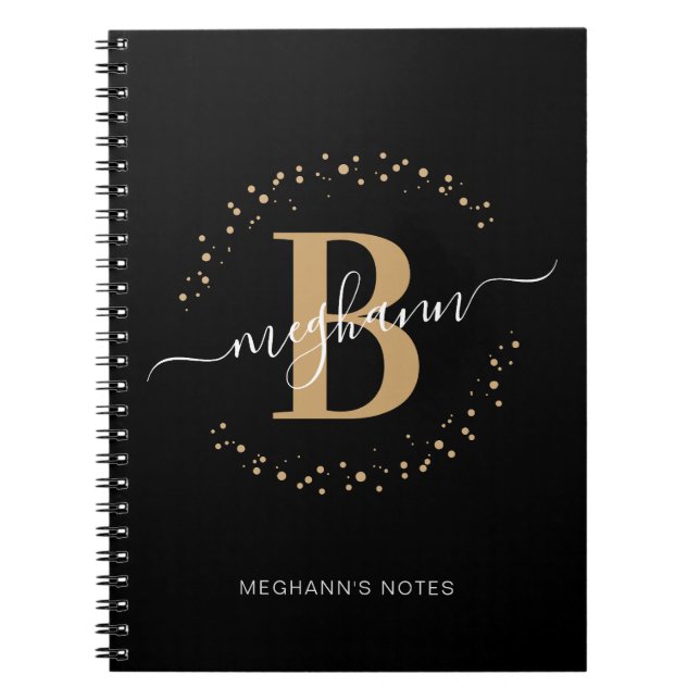 Carnet Girl Black Gold Nom Script Monogram School (Devant)