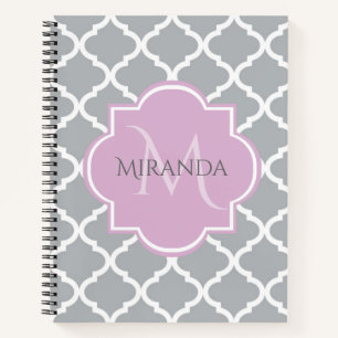 Carnet Girl Grey Quatrefoil Lavender Monogramme et nom
