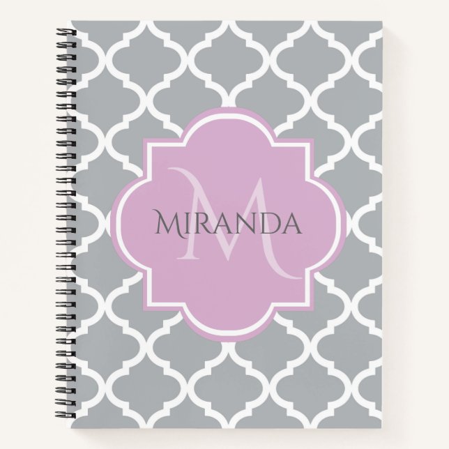 Carnet Girl Grey Quatrefoil Lavender Monogramme et nom (Devant)