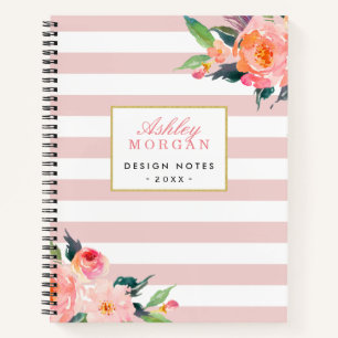 Carnet Girls Pink Stripes Floral Gold Notes personnelles