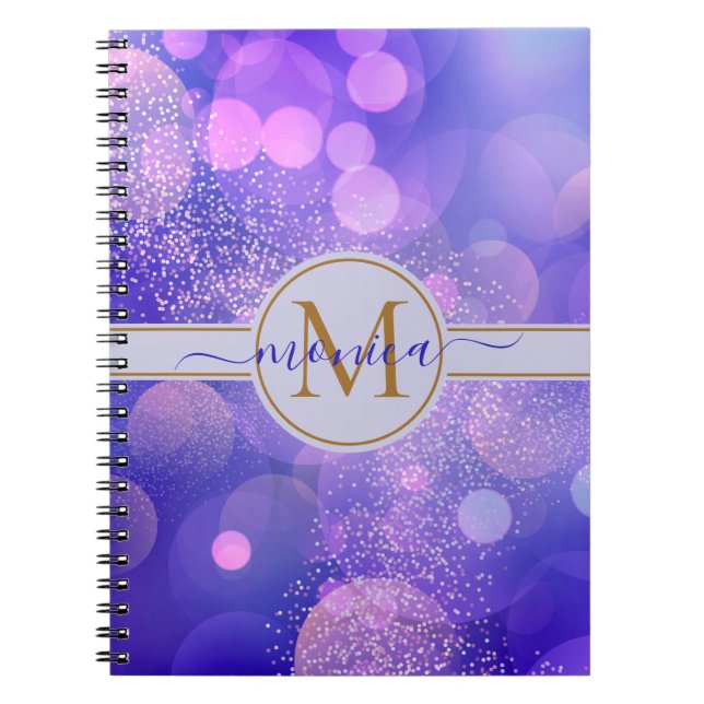 Carnet Girly Blue Bokeh Gold Parties scintillant Nom du m (Devant)
