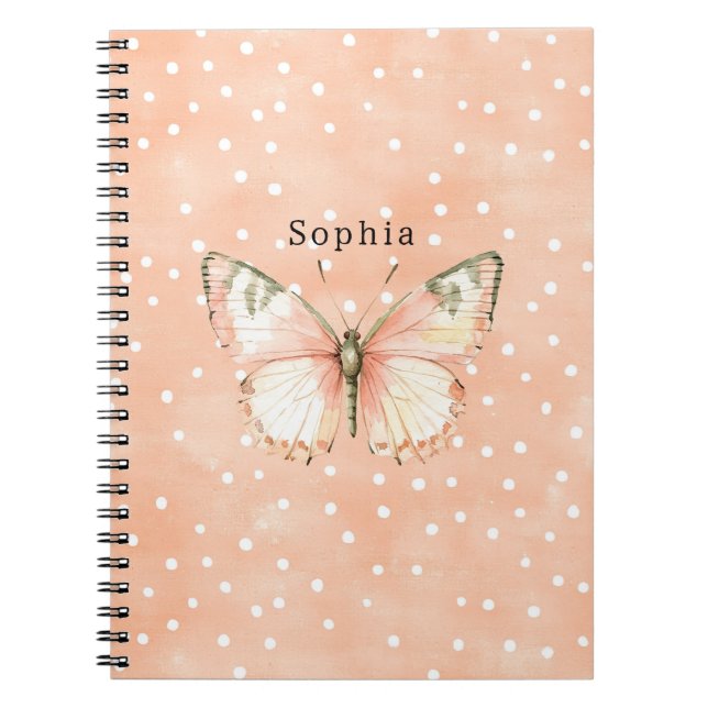 Carnet Girly Peach White Dots Butterfly   (Devant)