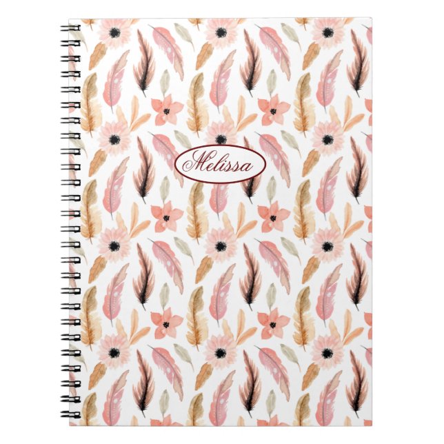 Carnet Girly Pink Floral Watercolor Pattern Name Script (Devant)