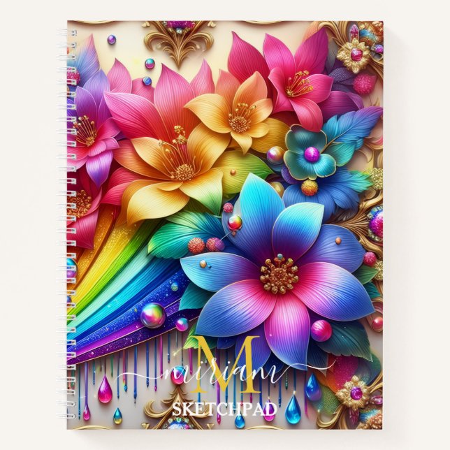 Carnet Girly Rainbow Floral Flower Monogram (Devant)