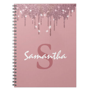 Carnet Girly Rose Gold Sparkle Glitter Drips monogram