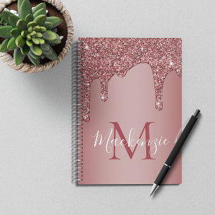 Carnet Girly Rose Gold Sparkle Glitter Drips monogram