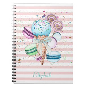 Carnet Glace à l'aquarelle,Macarons,Rayes roses