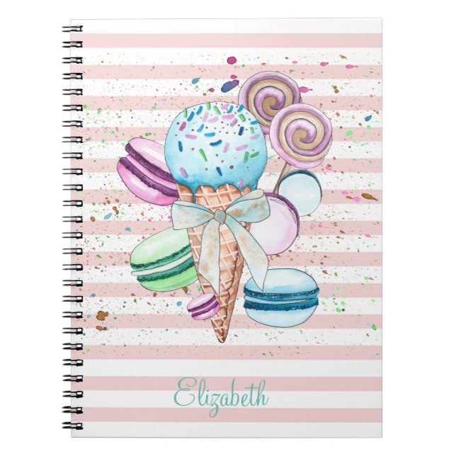 Carnet Glace à l'aquarelle,Macarons,Rayes roses (Devant)