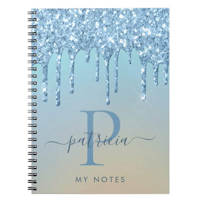 Carnet Glam Bleu Glitter Gouttes Élégant Monogramme (Devant)