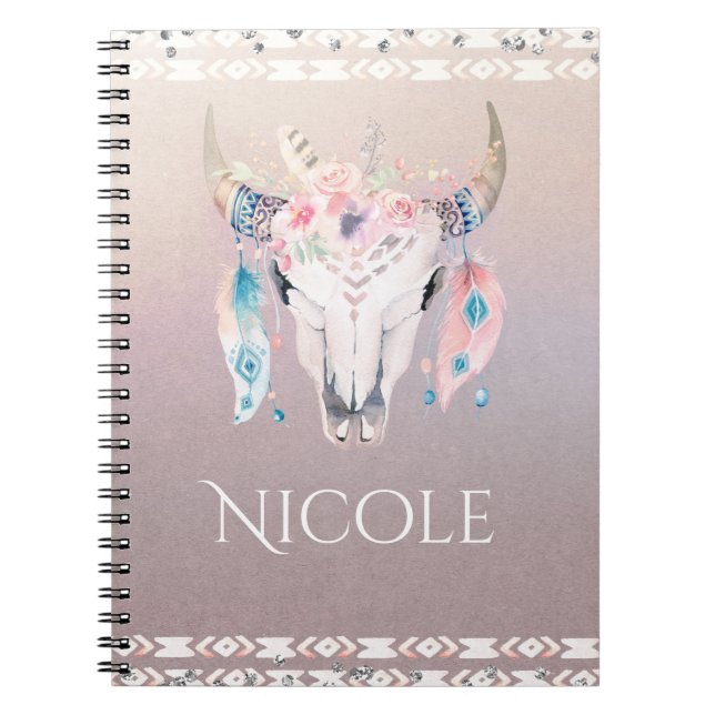 Carnet Glam Boho Russe Floral Vache Crâne Iridescente (Devant)