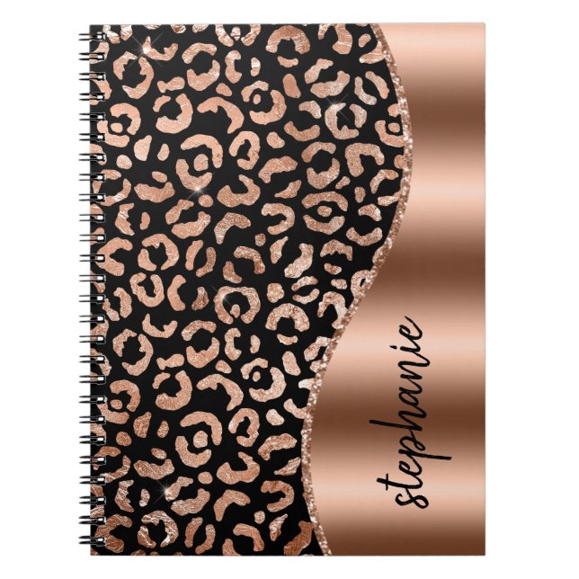 Carnet Glam Faux Foil Leopard Spots Rose Gold Black Name (Devant)
