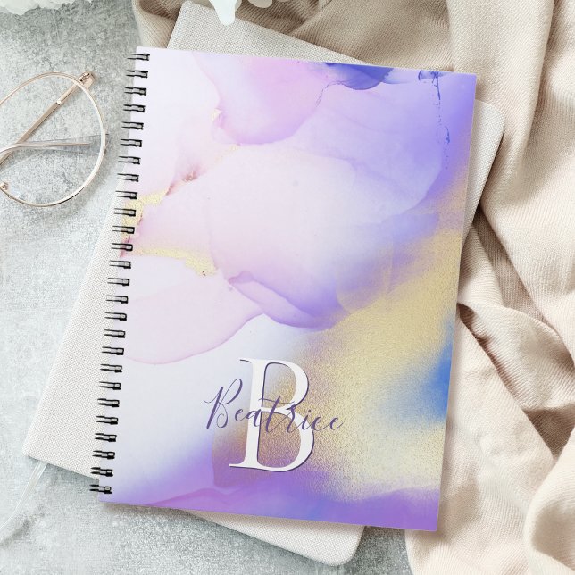 Carnet Glam Lilac Gold Abstrait Peinture Élégant Monogram (Créateur téléchargé)