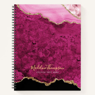 Carnet Glam Rose Magenta Velours Agate Géode Or Script