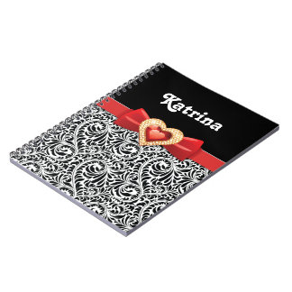 Carnet Glamour noir blanc damassé & arc rouge et bijou