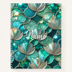 Carnet Glitterie Turquoise Fleurs Et Queue De Sirène Nom 