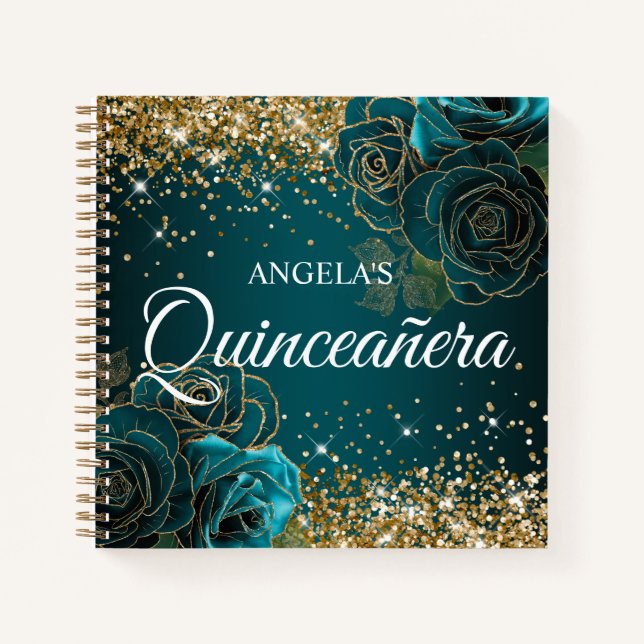 Carnet Glittery Gold Vintage Turquoises Roses Quinceanera (Devant)