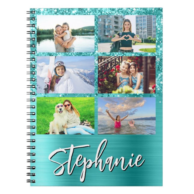 Carnet Glittery Turquoise Blue Glam 6 Photo Collage (Devant)