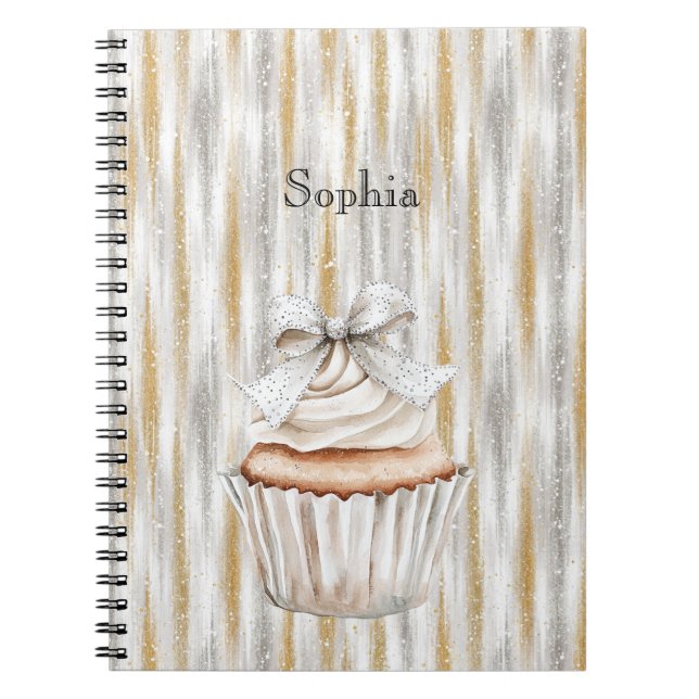Carnet Glitzy Silver Gold Stripes White Cupcake Bow   (Devant)