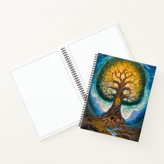 Carnet Glowing Gold Blue Yggdrasil Fantasy Tree Art (Intérieur)