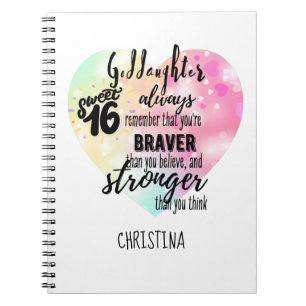 Carnet Goddaughter Sweet16 Quote Gift Braver Stronger
