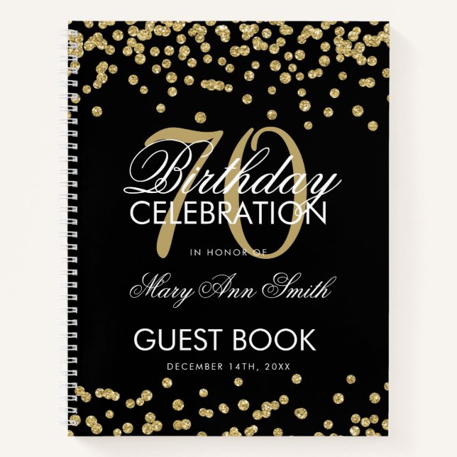 Carnet Gold 70th Birthday Guestbook Confetti Black (Devant)