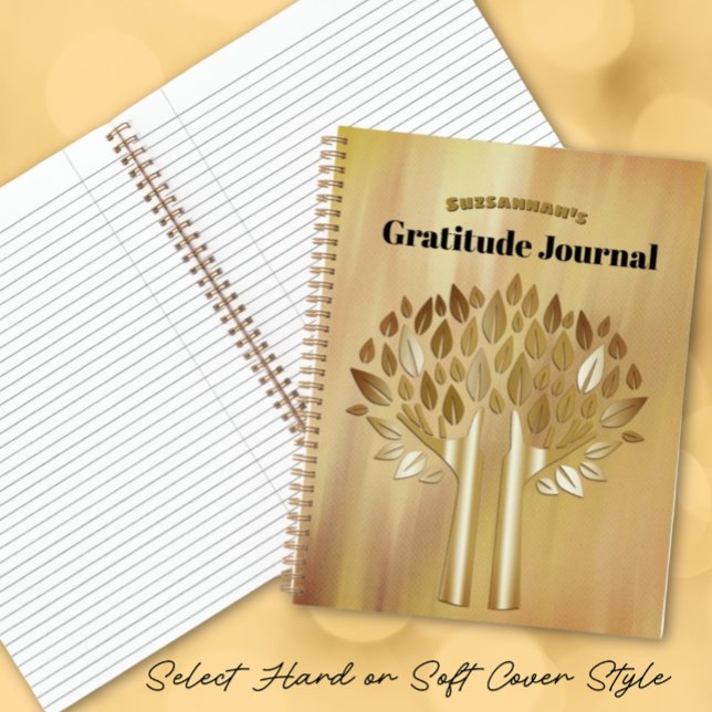 Carnet Gold and Black Bokeh Gratitude Cover (Notebook with tree art on front and back cover with template text on front)