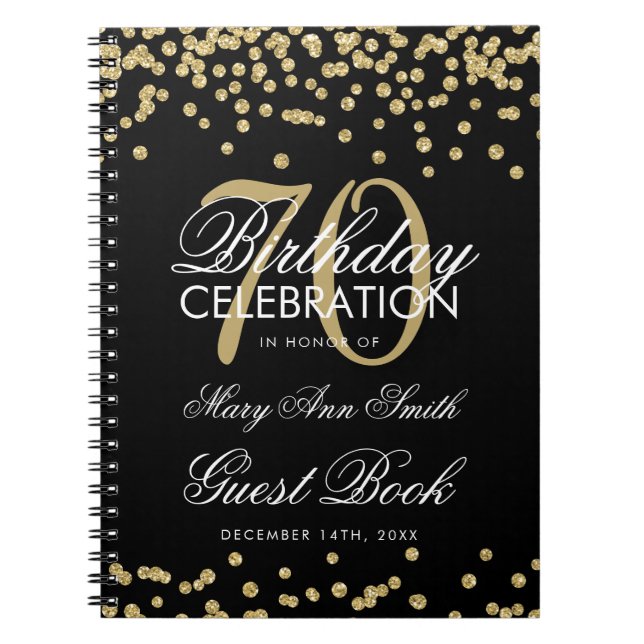 Carnet Gold Black 70th Birthday Guest Book Confetti (Devant)