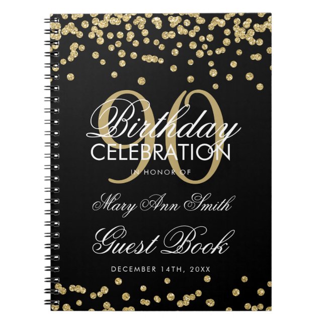 Carnet Gold Black 90th Birthday Guest Book Confetti (Devant)