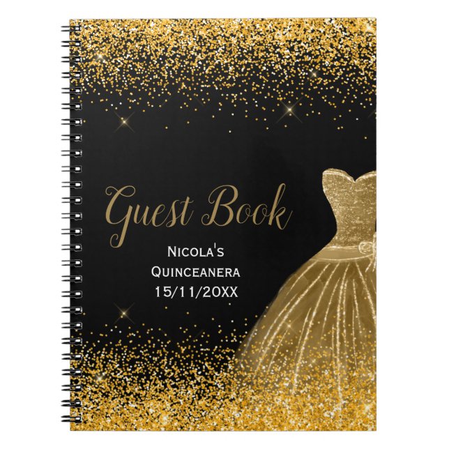 Carnet Gold Dress Faux Glitter Quinceanera Guest Book (Devant)