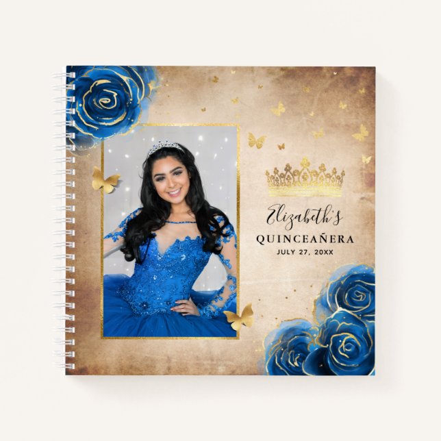 Carnet Gold et Royal Blue Roses Photo Quinceanera Guest (Devant)