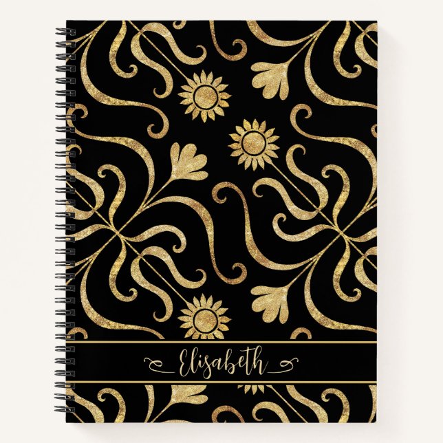 Carnet Gold Floral Damask Sunflower Classy Black Folk Art (Devant)