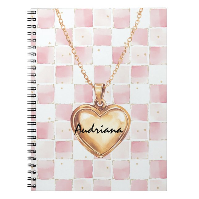 Carnet Gold Heart Necklace Pink White Squares (Devant)