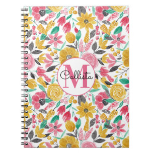 Carnet Golden Pink Flowers Leaves Watercolor Monogram