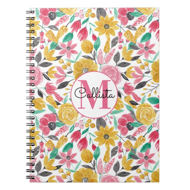 Carnet Golden Pink Flowers Leaves Watercolor Monogram (Devant)