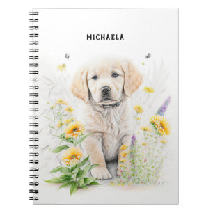 Carnet Golden Retriever Puppy et Floral Nom du monogramme