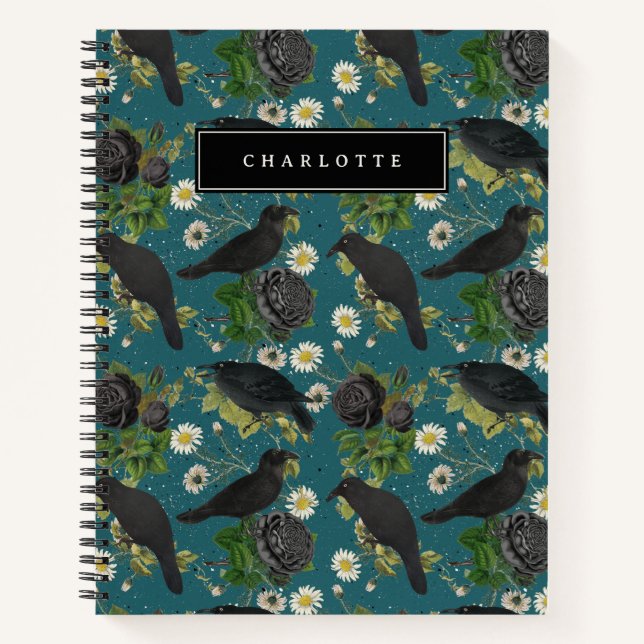 Carnet Goth Crows et Roses noirs Profond Turquoise Motif (Devant)