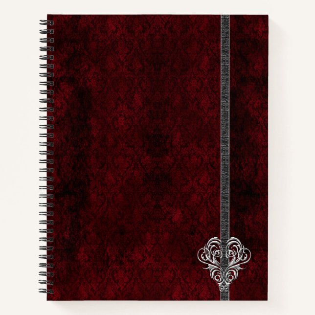 Carnet Goth Rouge Cœur Argent Damassé (Devant)